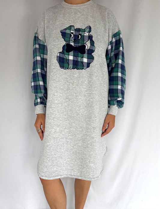 90s vintage plaid flannel cat long sleeved fleece pajama dress – large