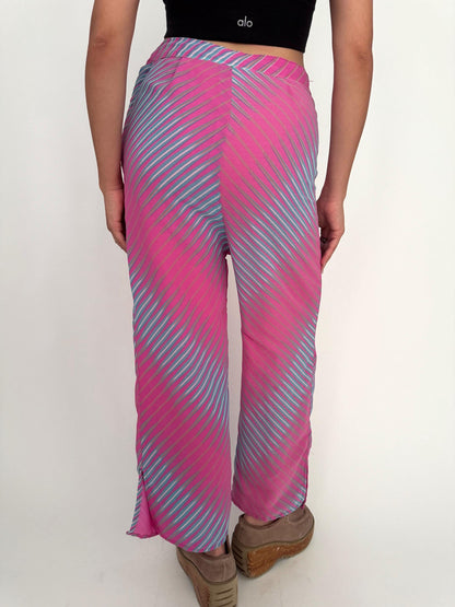 vintage pink psychedelic abstract print wide leg pants – medium | surrealist novelty high rise trousers