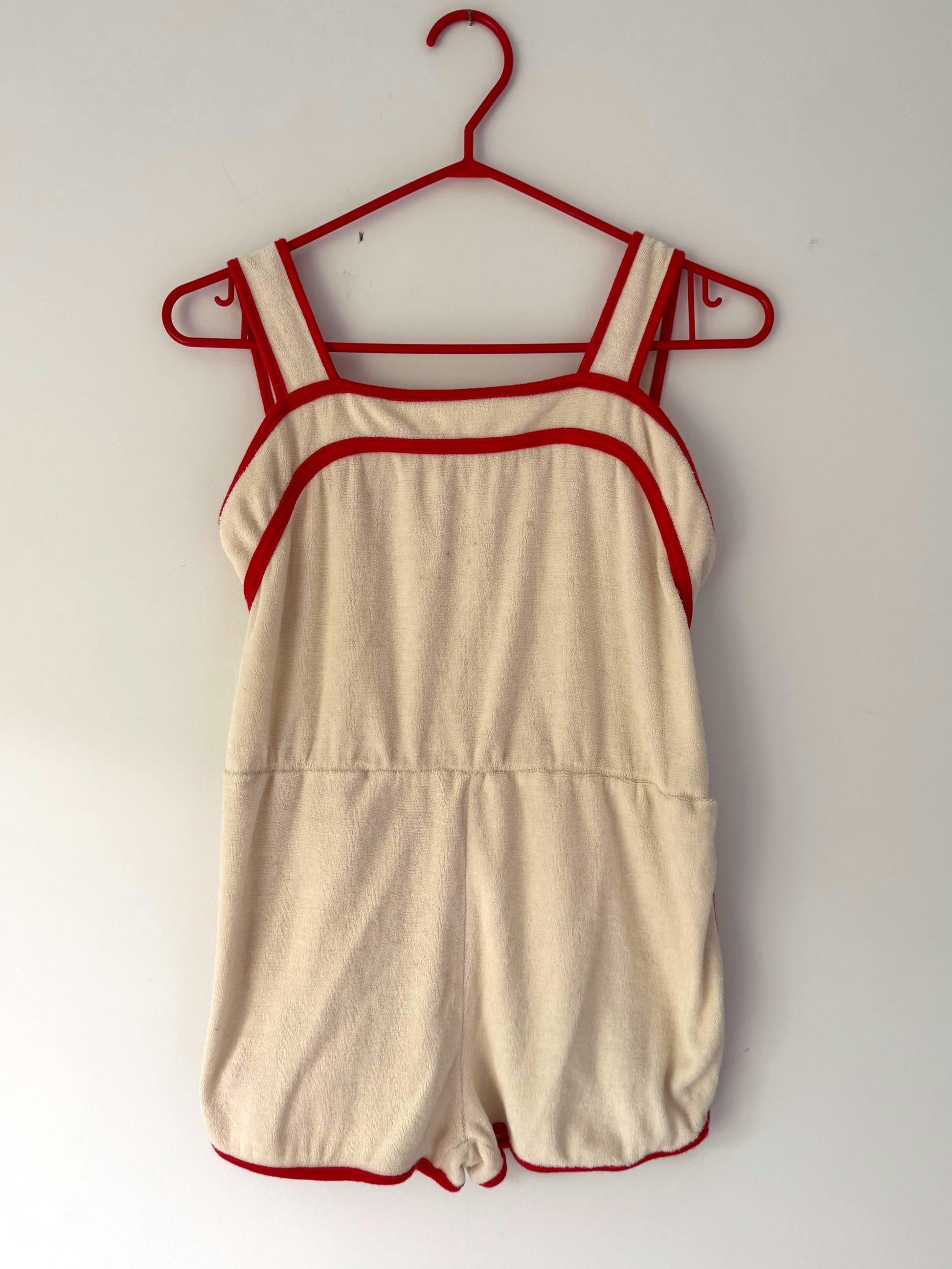 70s vintage cream ringer terry cloth mini playsuit – small | retro vacation cover up one piece shorts romper