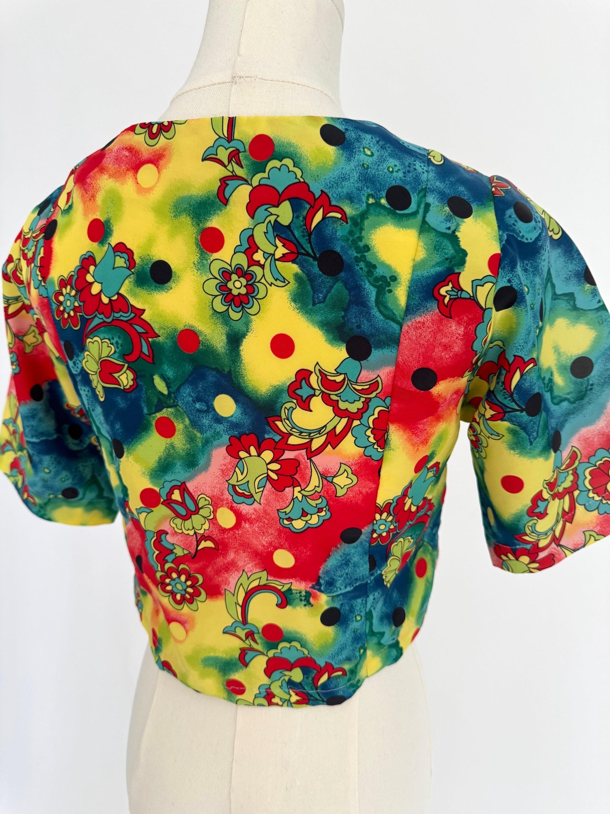 80s vintage colorful handmade floral print crop top blouse