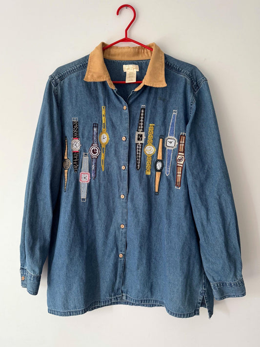 90s vintage blue denim wrist watches novelty embroidered button up shirt