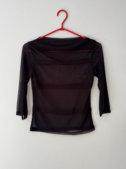 90s vintage black sheer mesh see through blouse – small | grunge rave club kid party mesh high neck shirt