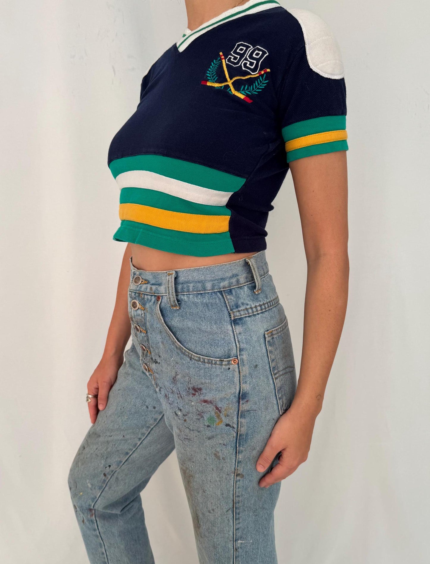 90s vintage multicolor striped hockey embroidered crop top
