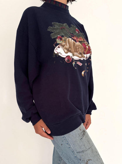 90s vintage navy blue christmas dog puppy graphic pullover sweatshirt – large