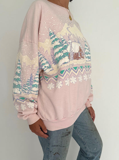 80s vintage pink winter snow holiday graphic pullover sweatshirt – medium, large