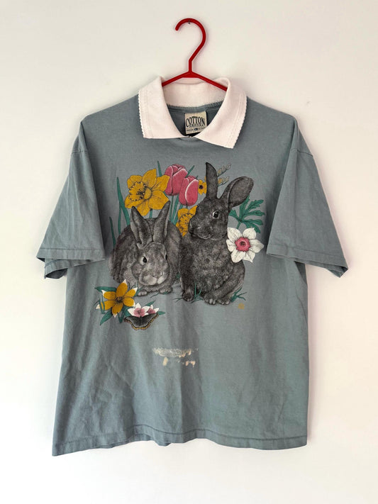 90s vintage bunnies animal graphic collared top – large | outdoor nature distressed short sleeved shirt