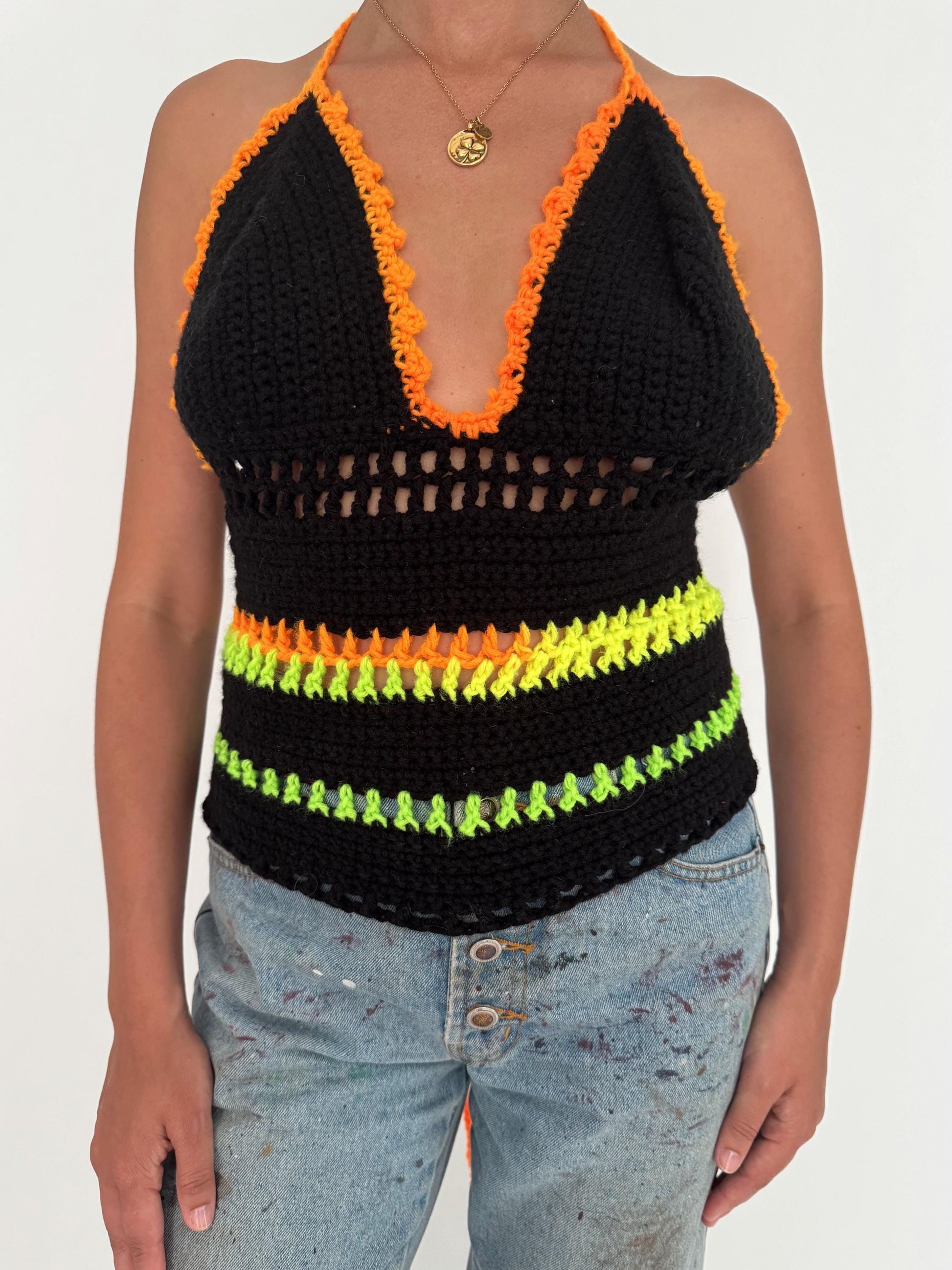 vintage black neon hand knit crochet halter tank top – medium large | festival backless crop top