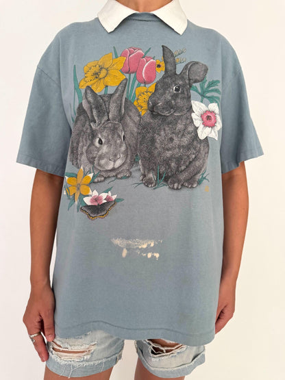 90s vintage bunnies animal graphic collared top – large | outdoor nature distressed short sleeved shirt