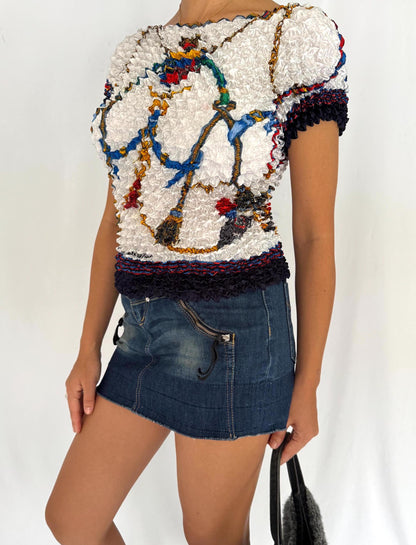 90s vintage multicolor baroque abstract print popcorn crop top