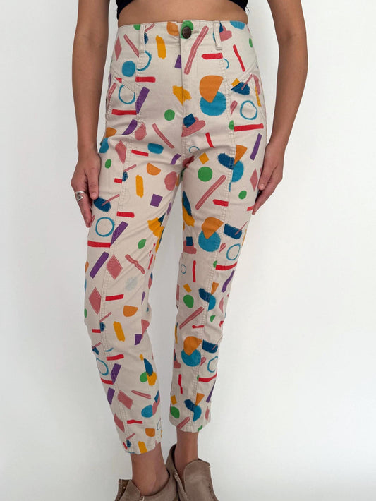 vintage multicolor geometric abstract print slim pants