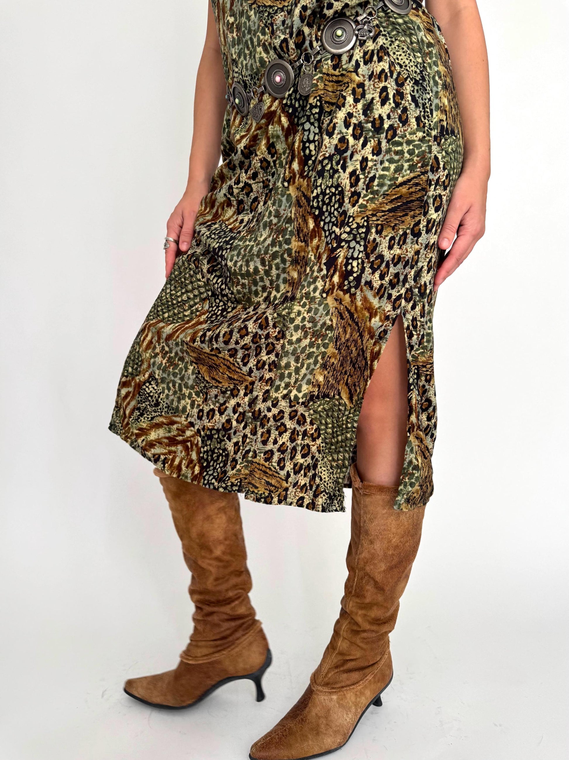 90s vintage green animal print fairy grunge sleeveless midi maxi shift dress – medium large | fairycore boho earthy patchwork long sundress