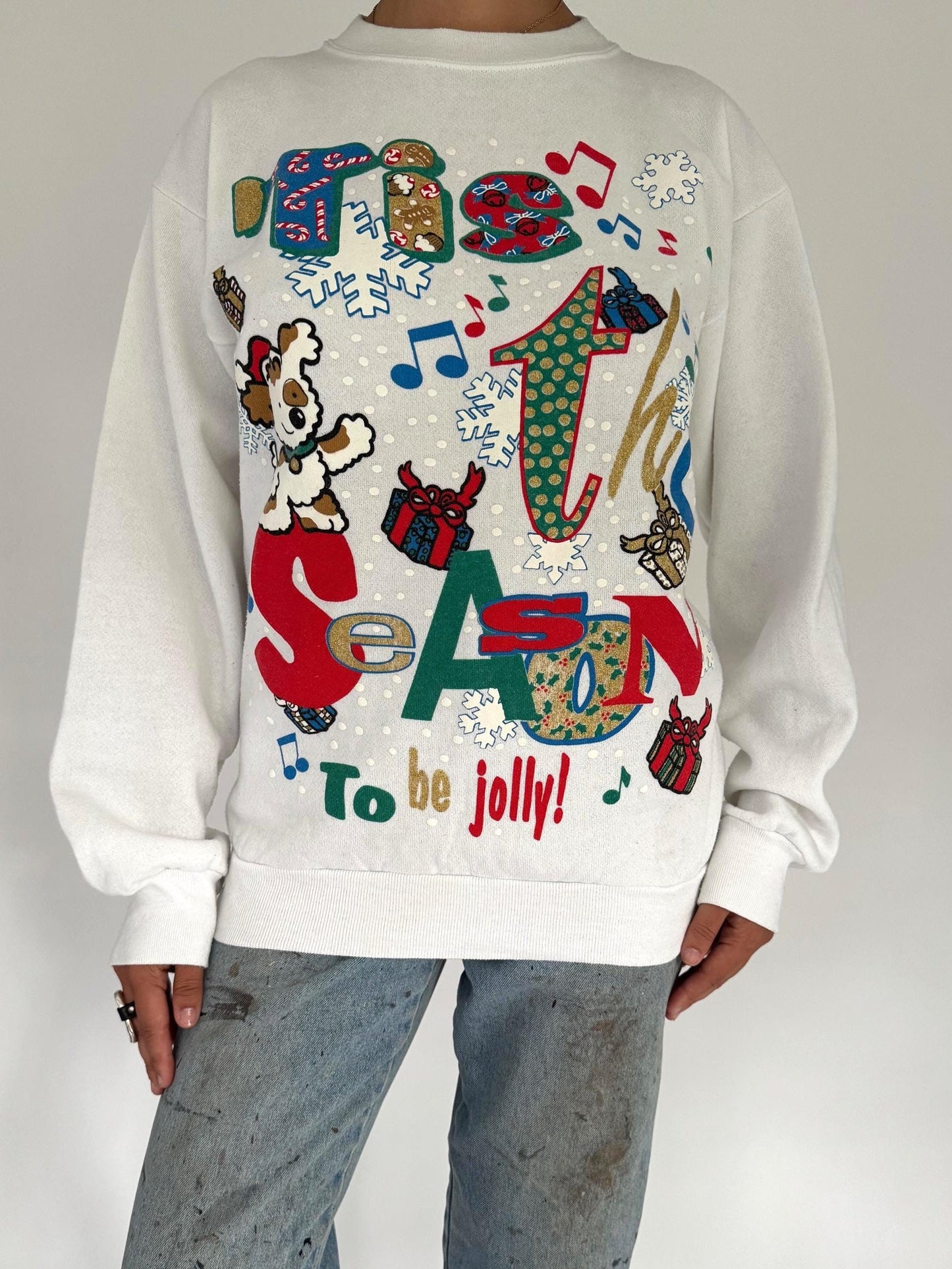 90s vintage festive tis the season holiday graphic pullover sweater – medium