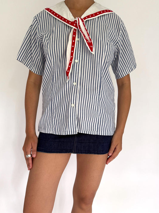 90s vintage striped nautical sailor collar button up blouse – small | novelty tie up front cotton shirt