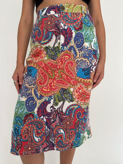 90s vintage multicolor paisley cotton long pencil skirt