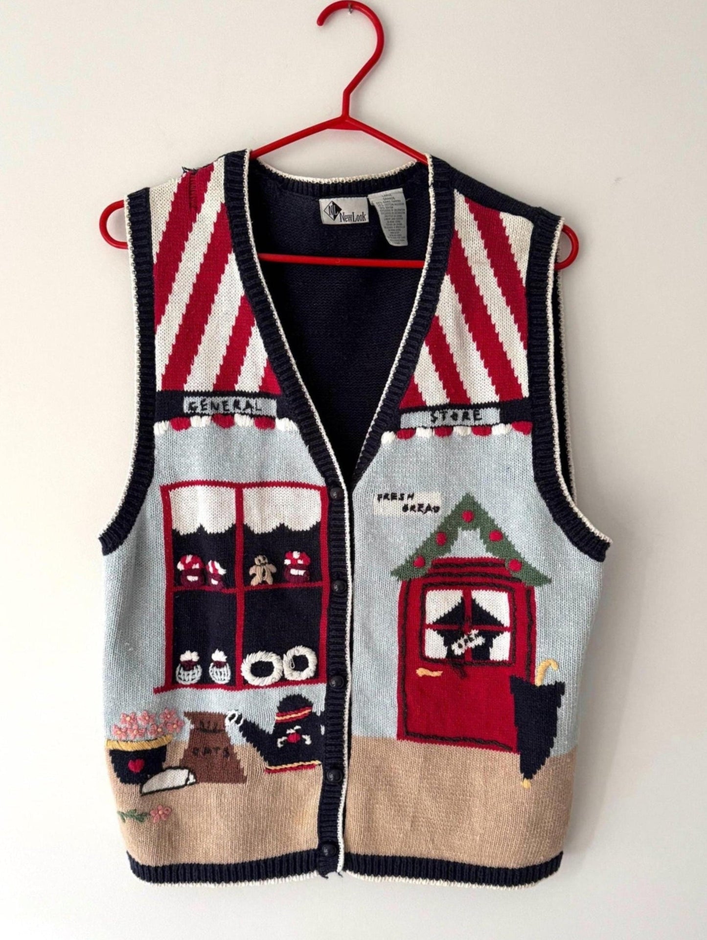 90s vintage multicolor novelty outdoor market store scene knit sweater vest