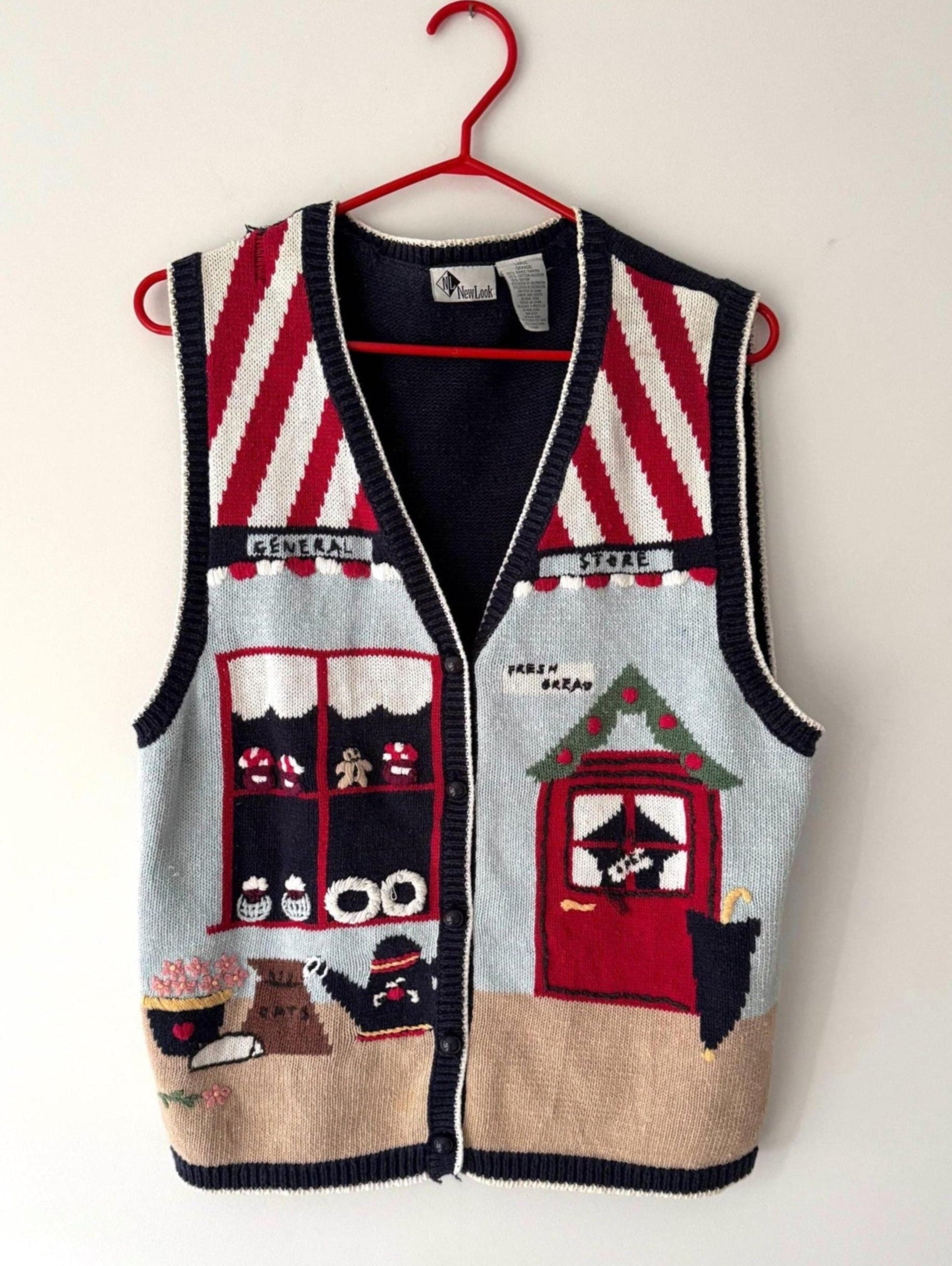 90s vintage multicolor novelty outdoor market store scene knit sweater vest