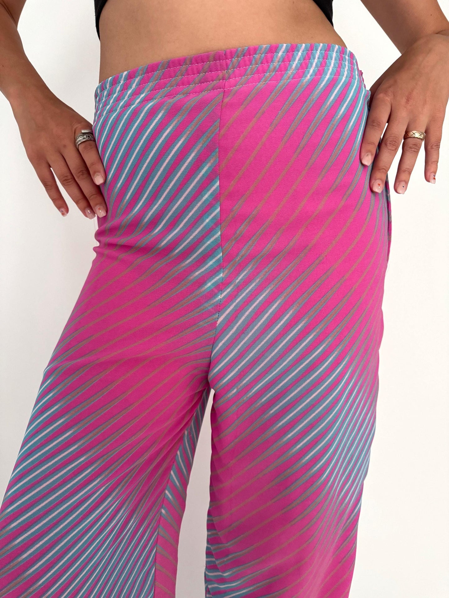 vintage pink psychedelic abstract print wide leg pants – medium | surrealist novelty high rise trousers