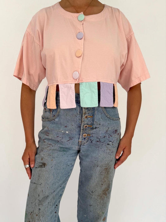 vintage pink pastel cotton button up crop top – small medium | retro clown short sleeved cropped shirt