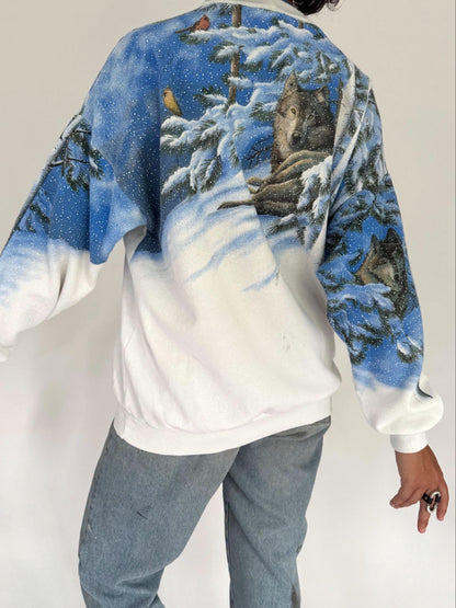 90s vintage wolf animal snowy winter graphic pullover sweatshirt – small medium
