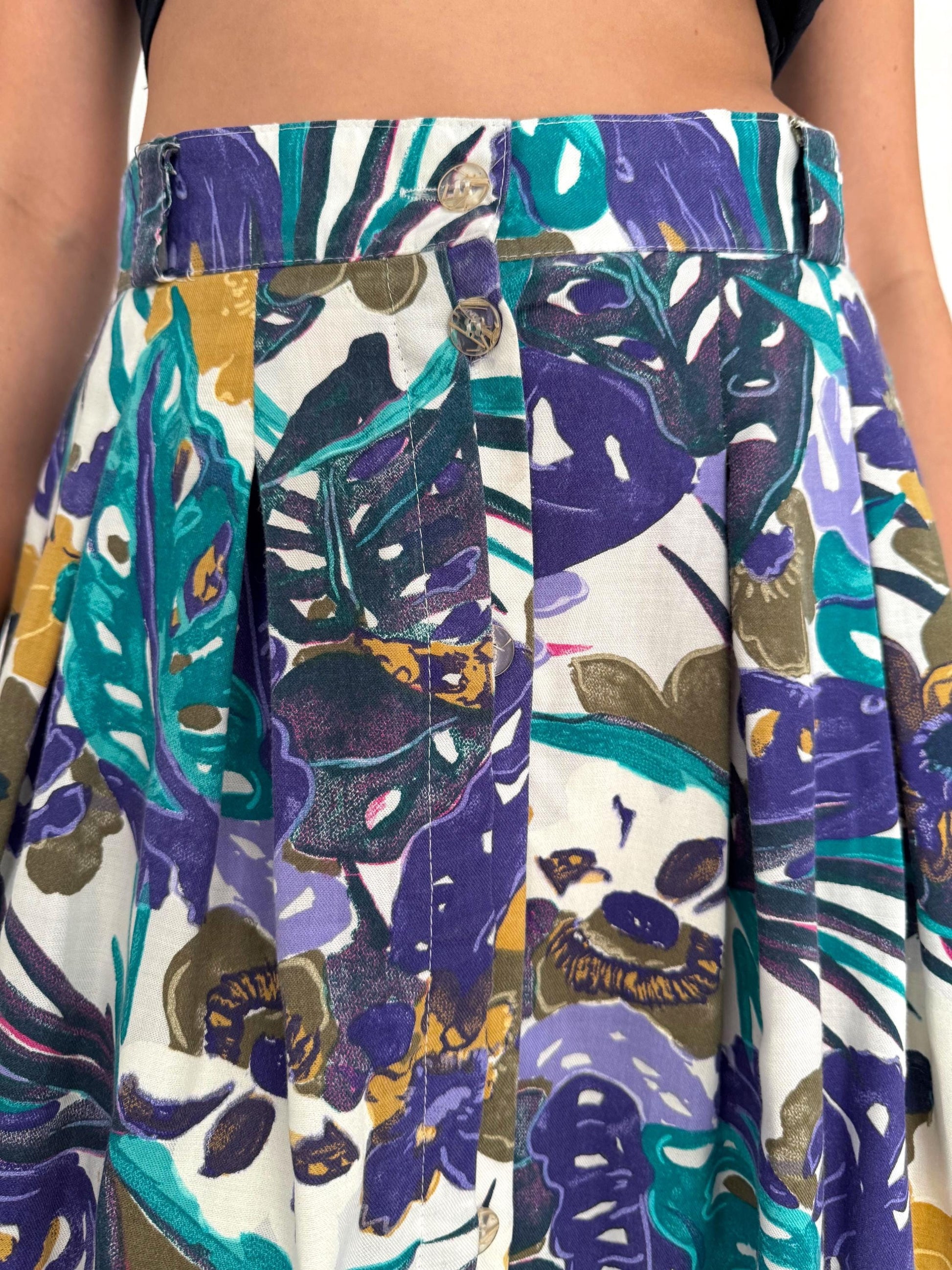 90s vintage multicolor floral botanical print pleated maxi skirt