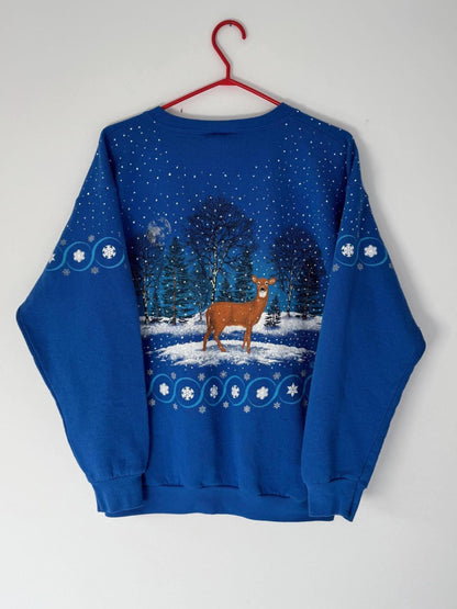 90s vintage blue animal deer nature graphic made in USA pullover sweater – large