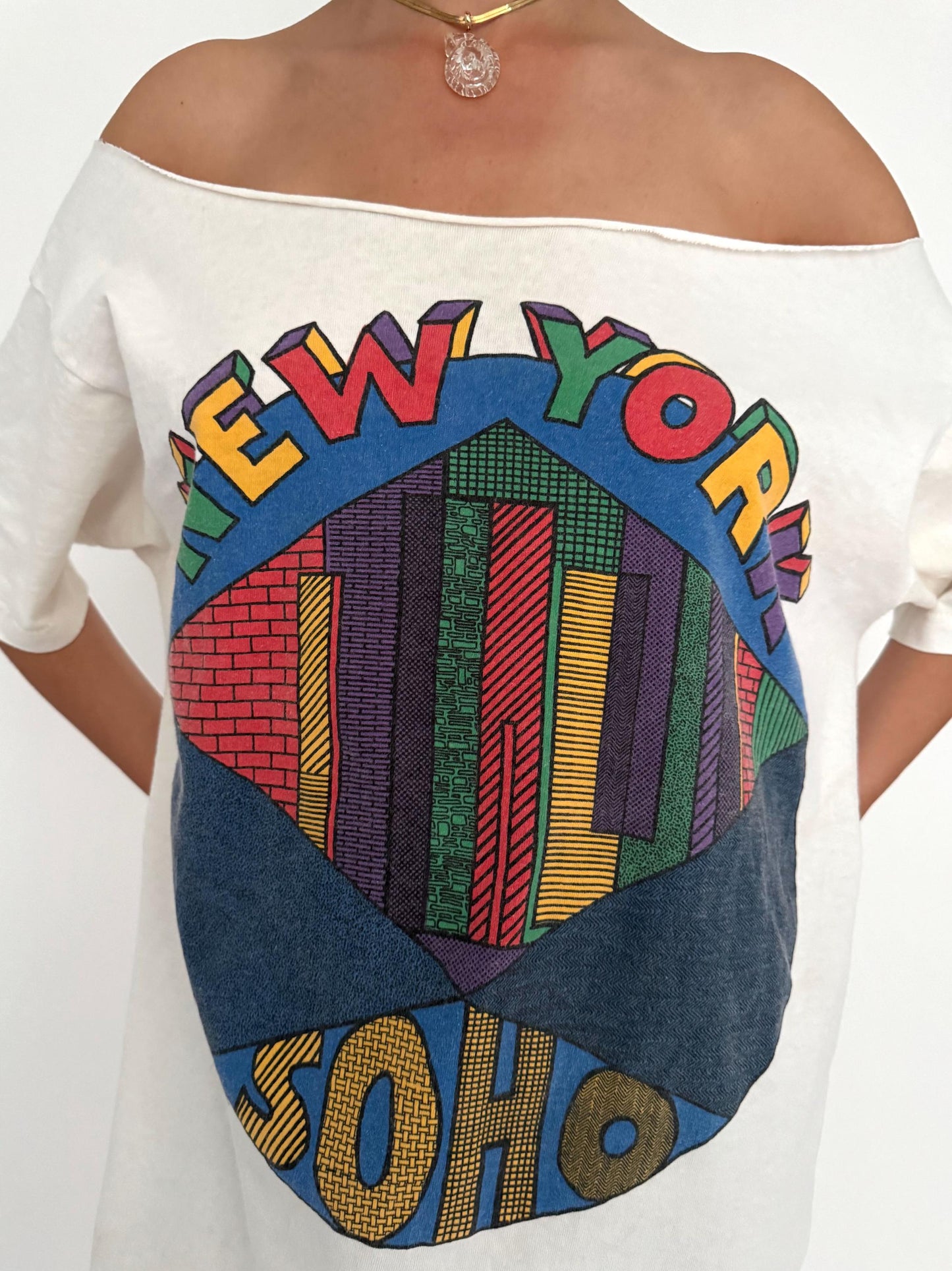 90s vintage new york rainbow graphic tshirt dress – one size | retro reworked off shoulder cotton top