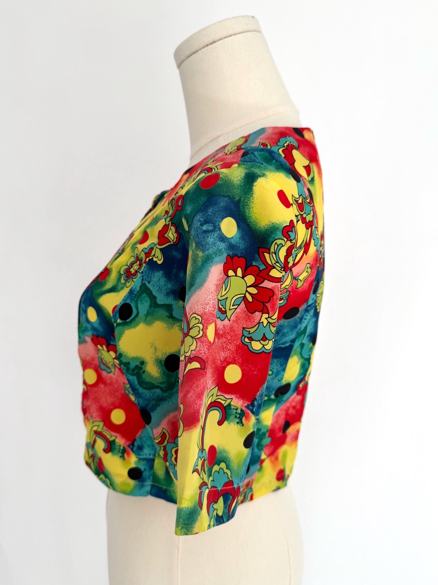 80s vintage colorful handmade floral print crop top blouse