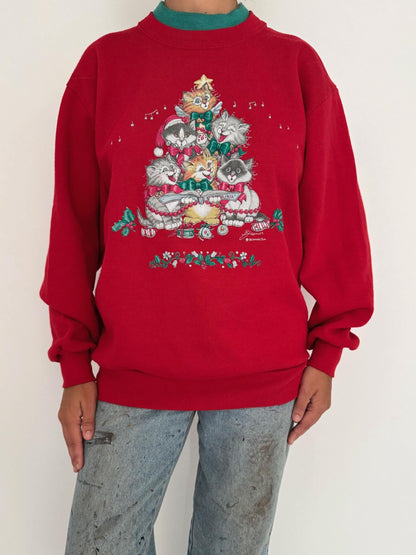 90s vintage red kittens cat christmas carols graphic pullover sweatshirt – medium