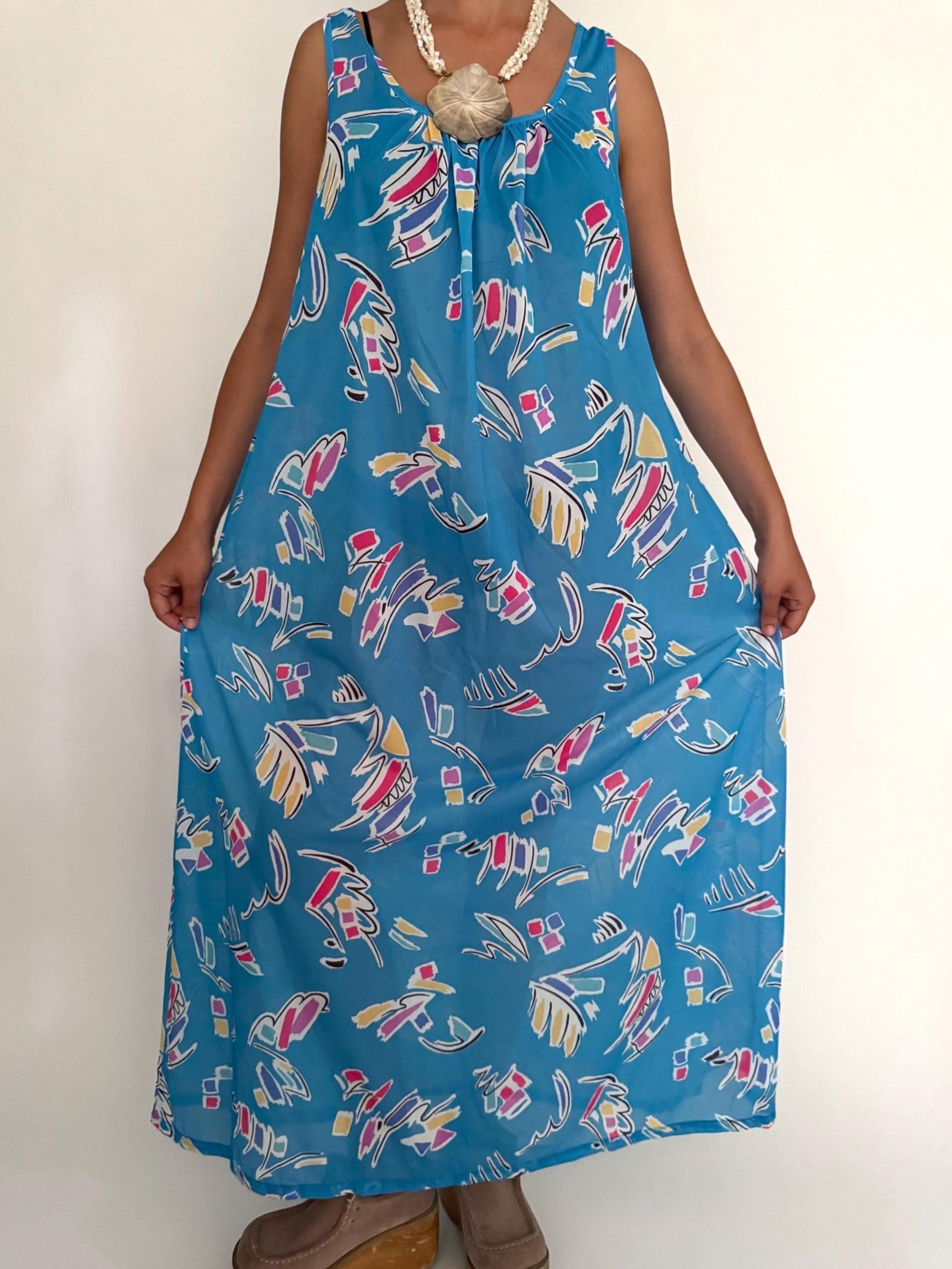 70s vintage blue abstract print sheer kaftan maxi dress – medium large | made in USA flowy sundress
