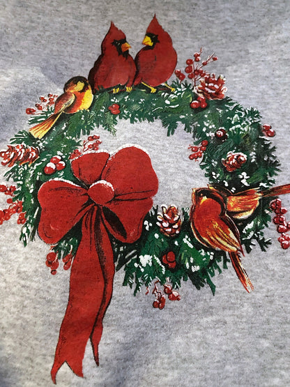 90s vintage grey christmas holiday wreath graphic pullover sweatshirt – large