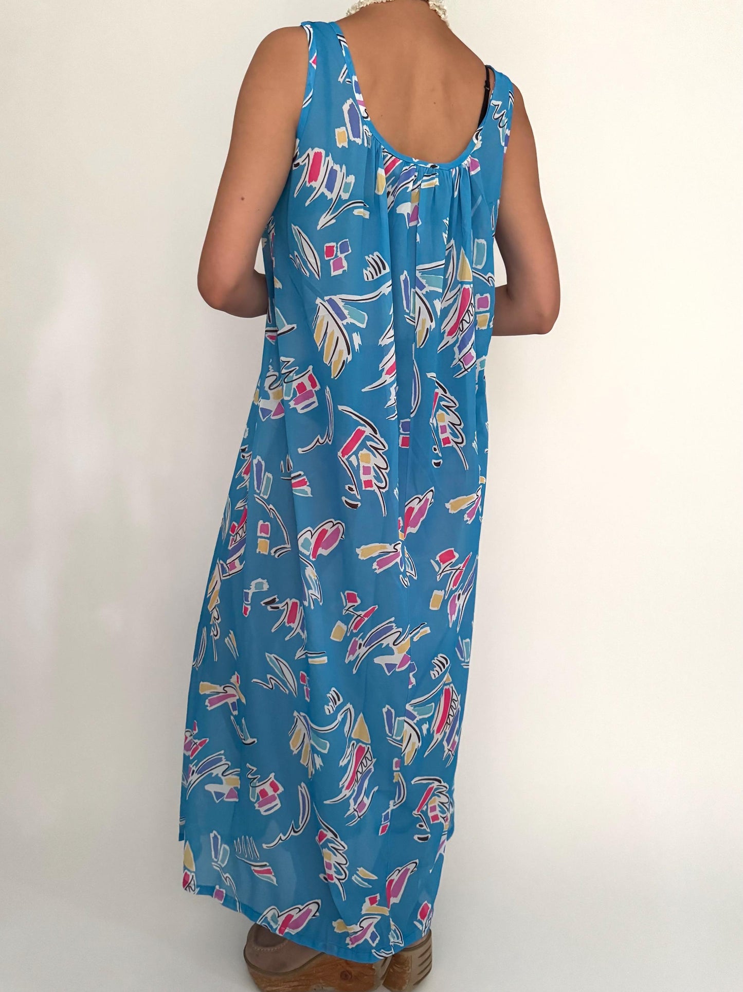 70s vintage blue abstract print sheer kaftan maxi dress – medium large | made in USA flowy sundress