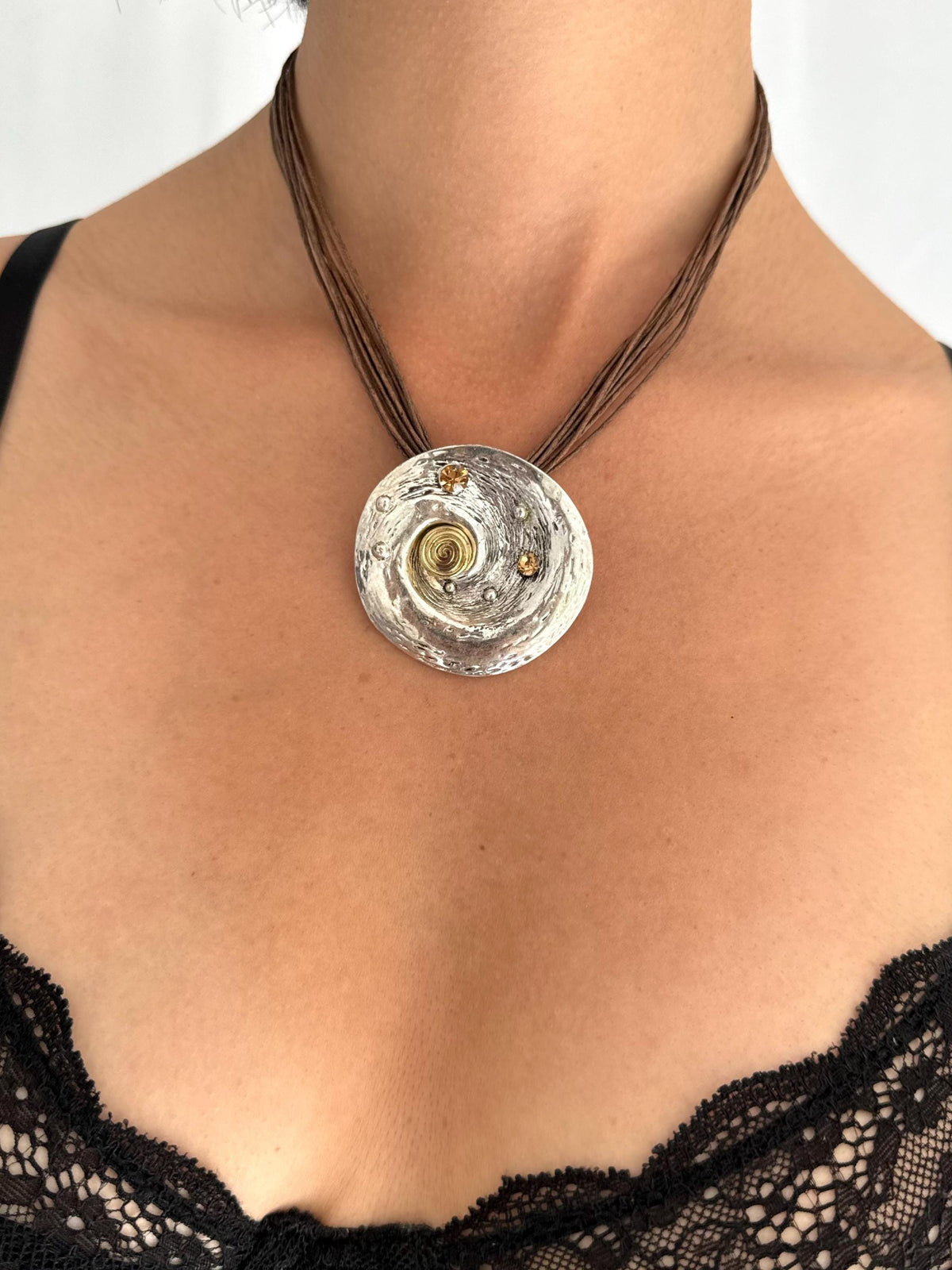 vintage large silver swirl pendant cord rope short choker necklace