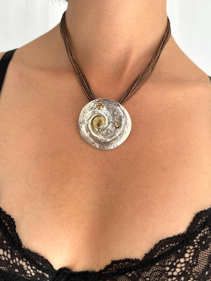 vintage large silver swirl pendant cord rope short choker necklace