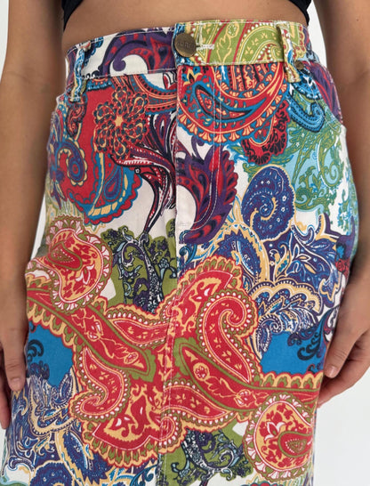 90s vintage multicolor paisley cotton long pencil skirt