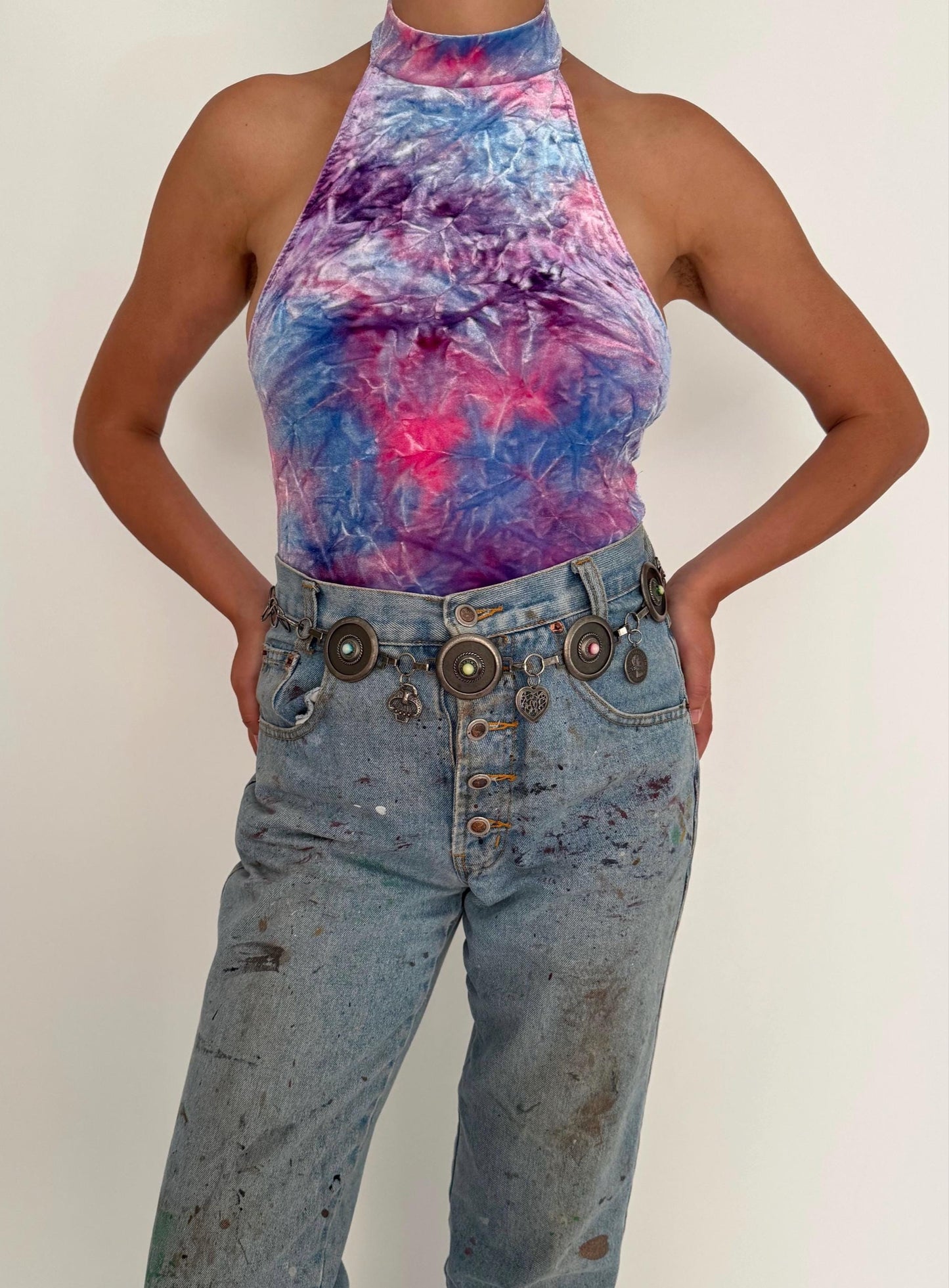 vintage purple crushed velvet halter bodysuit – medium | tie dye festival dance party stretch one piece leotard
