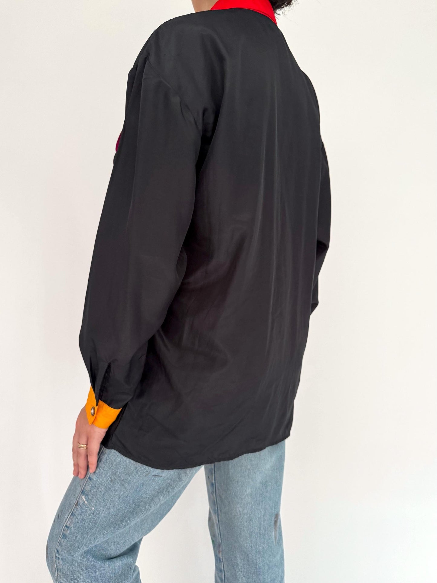 90s vintage black rainbow colorblock collared button up blouse