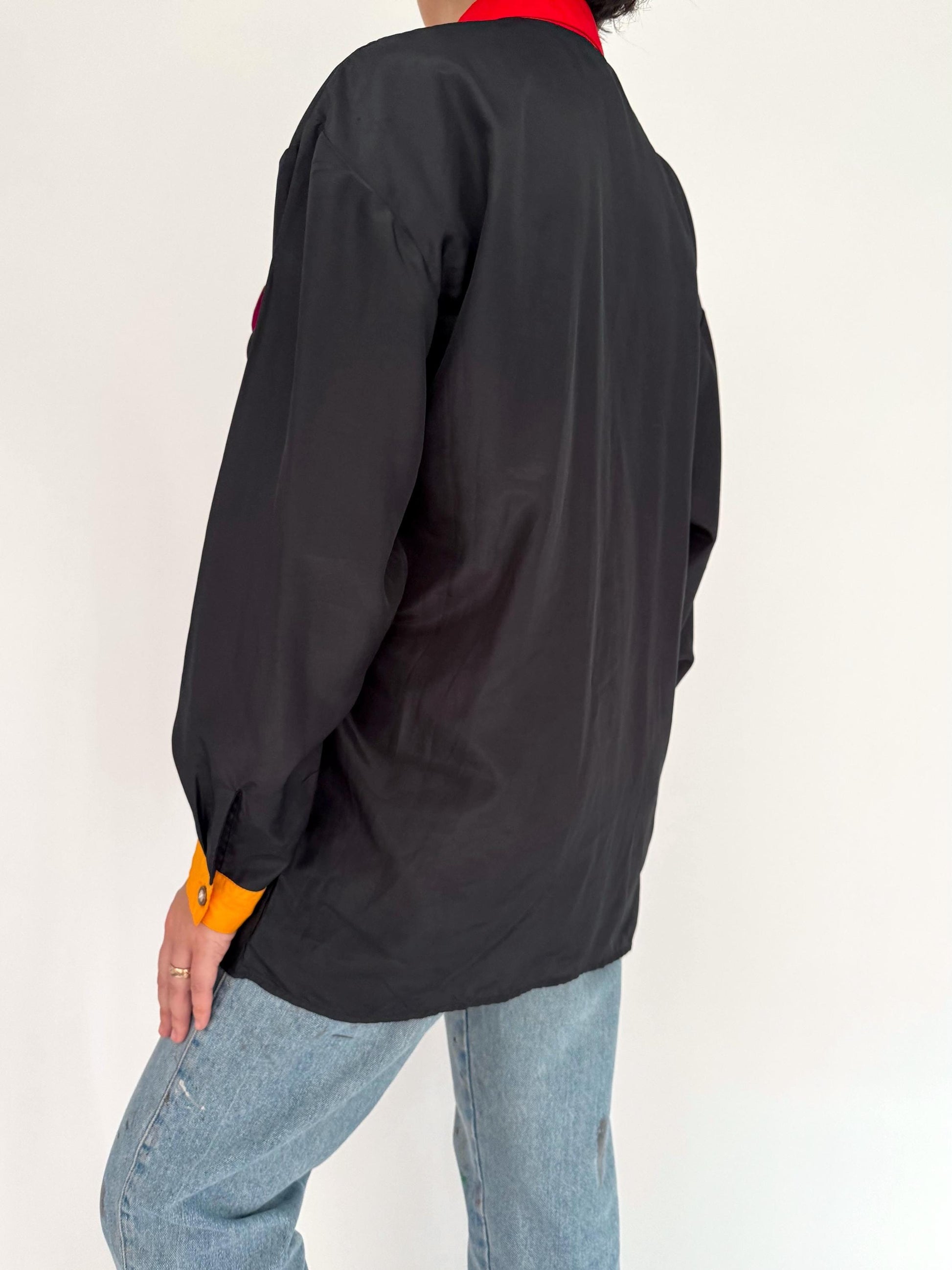 90s vintage black rainbow colorblock collared button up blouse