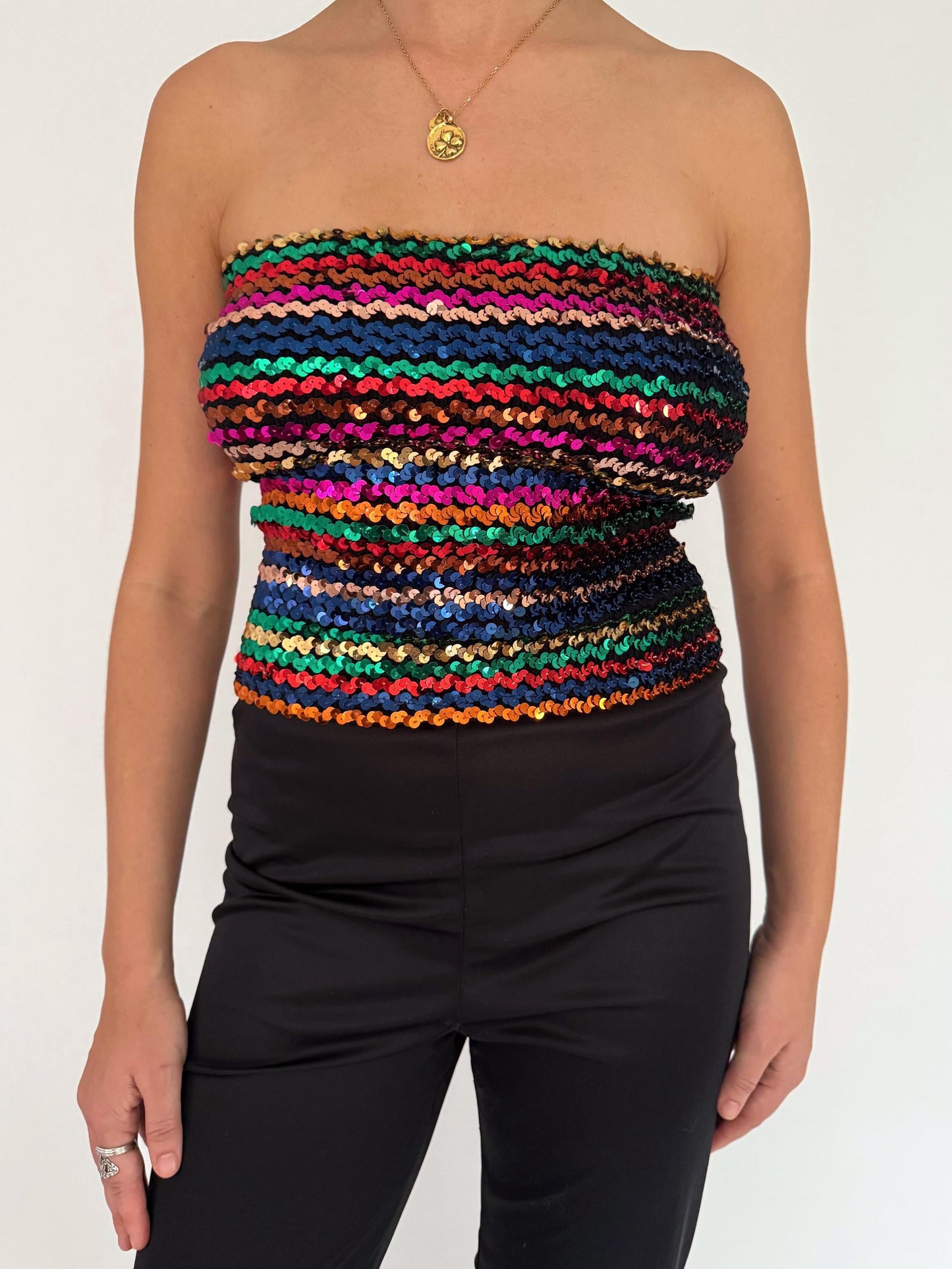 70s vintage black rainbow sequin disco strapless jumpsuit