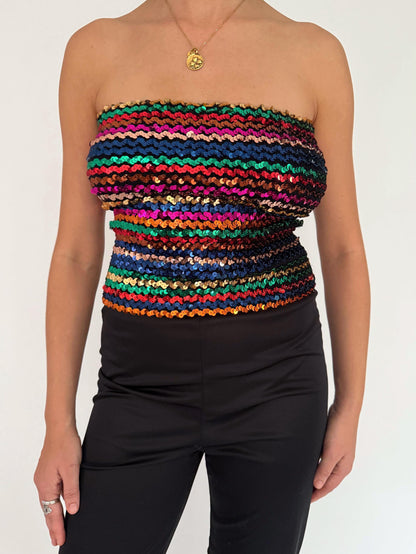 70s vintage black rainbow sequin disco strapless jumpsuit