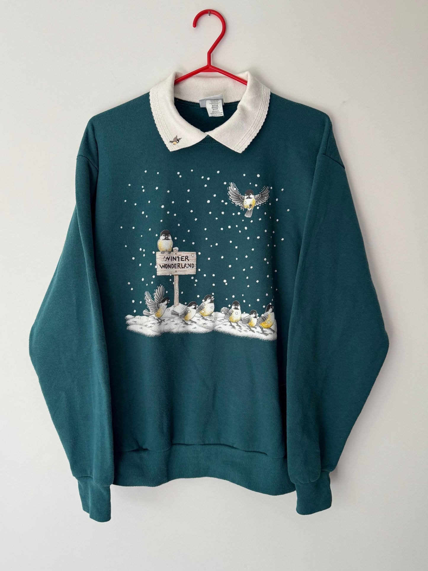 90s vintage green winter wonderland bird graphic pullover sweatshirt – medium