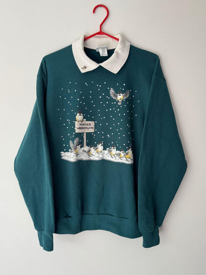90s vintage green winter wonderland bird graphic pullover sweatshirt – medium