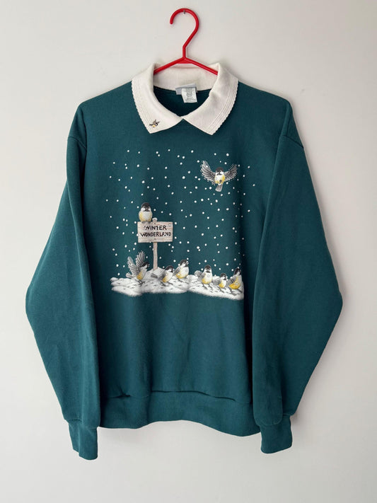 90s vintage green winter wonderland bird graphic pullover sweatshirt – medium