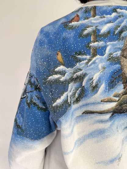 90s vintage wolf animal snowy winter graphic pullover sweatshirt – small medium