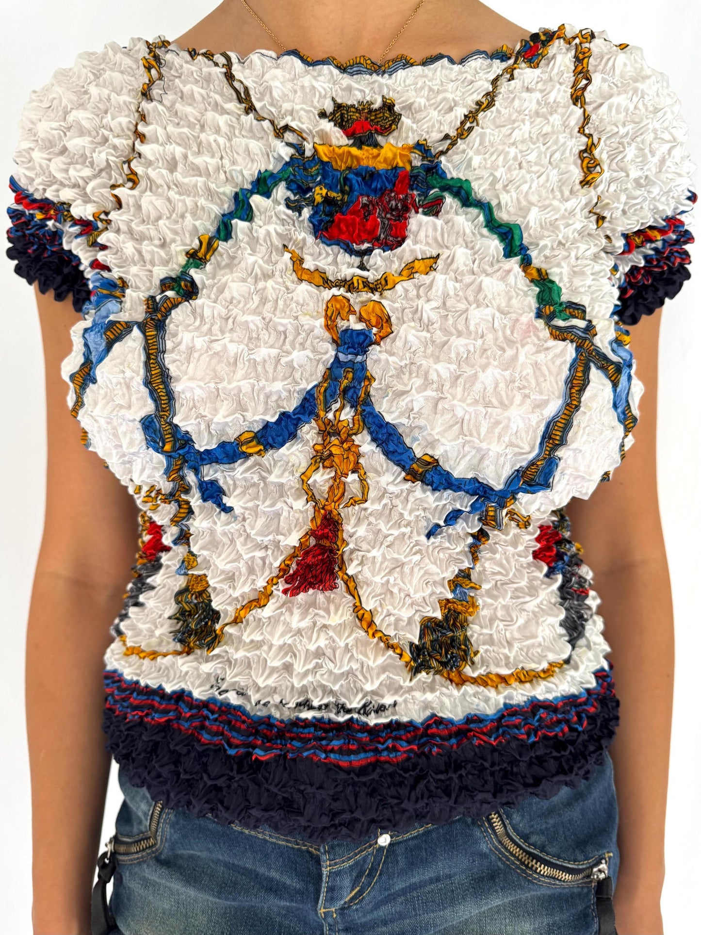 90s vintage multicolor baroque abstract print popcorn crop top