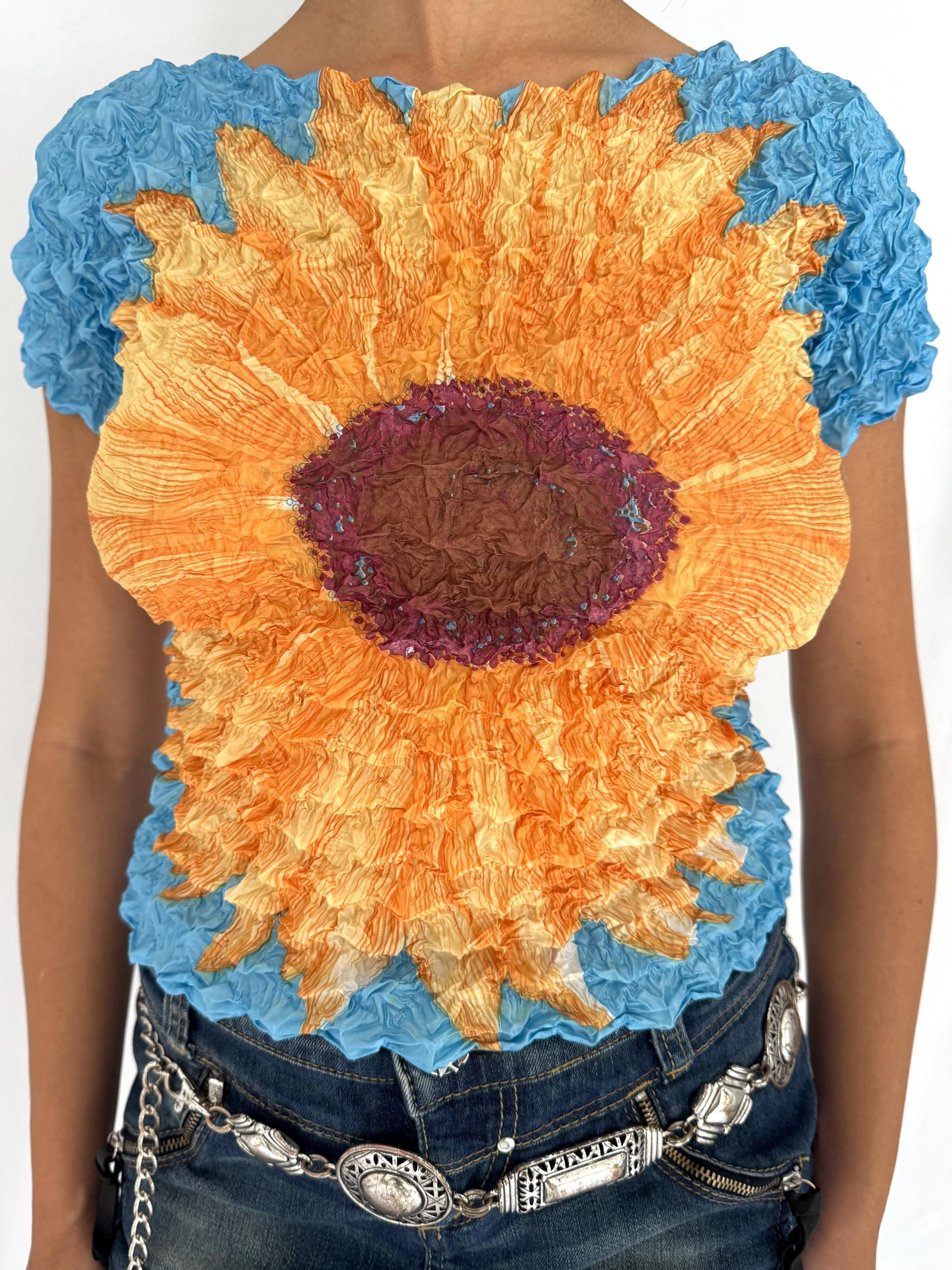 90s vintage blue multicolor sunflower floral graphic popcorn crop top