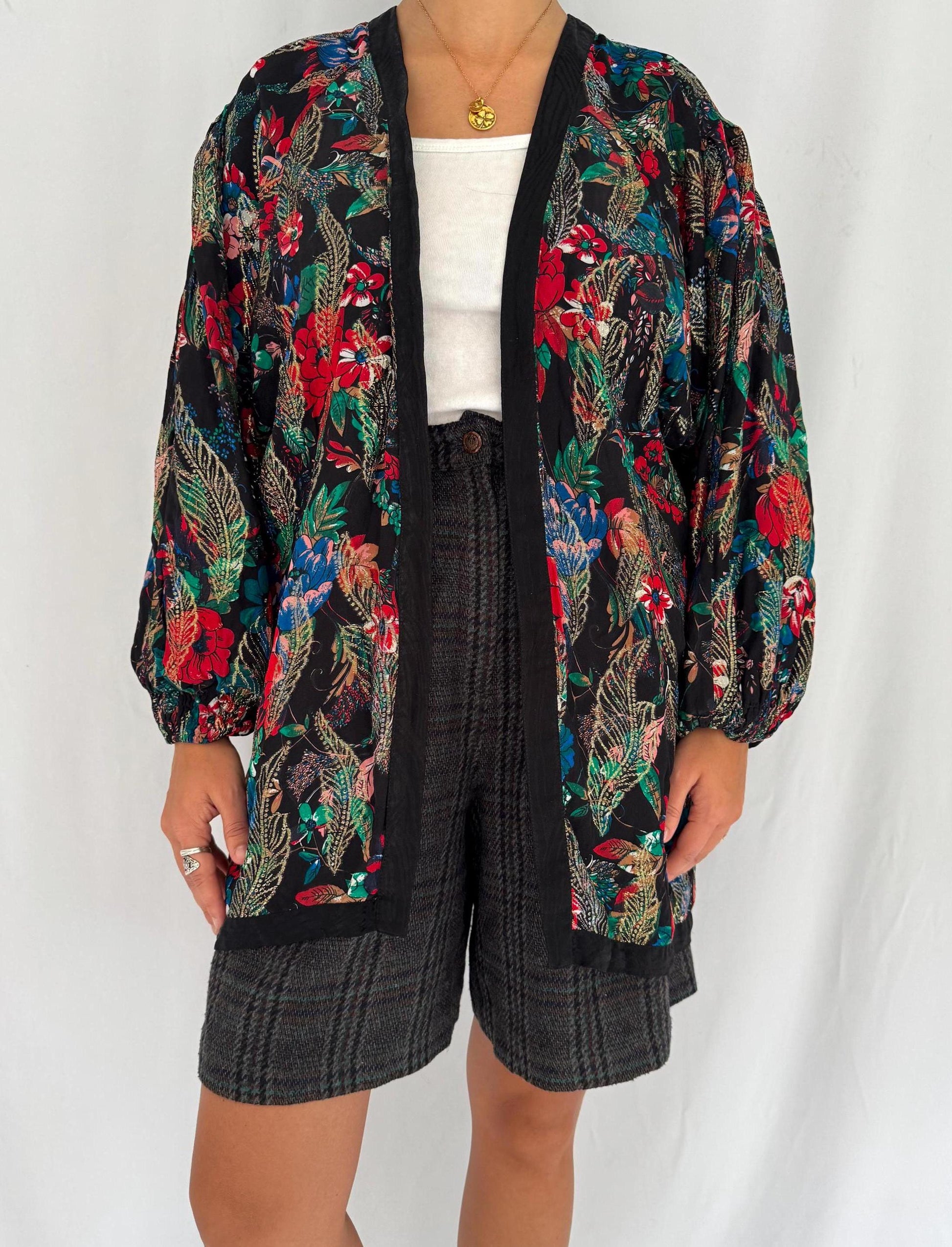 80s vintage abstract floral print light silk open front jacket
