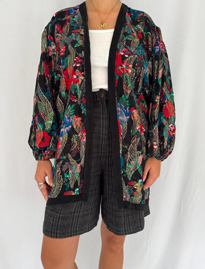 80s vintage abstract floral print light silk open front jacket