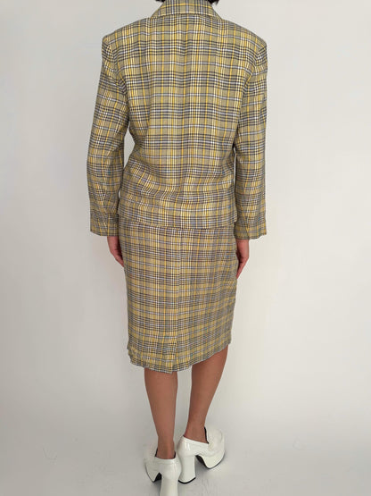 90s vintage yellow tartan plaid blazer skirt matching suit set