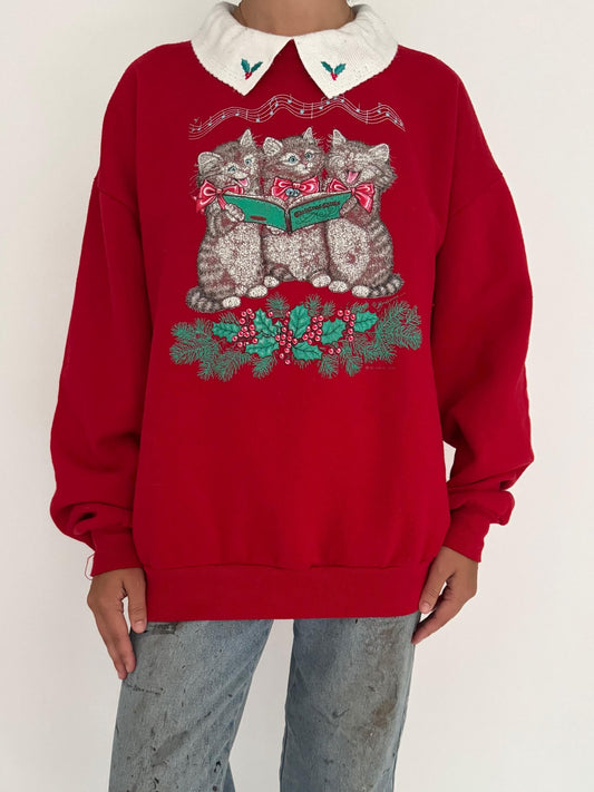 90s vintage red kittens cat Christmas carols graphic pullover sweatshirt – large 1X XL