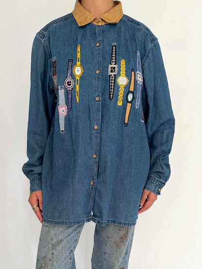 90s vintage blue denim wrist watches novelty embroidered button up shirt